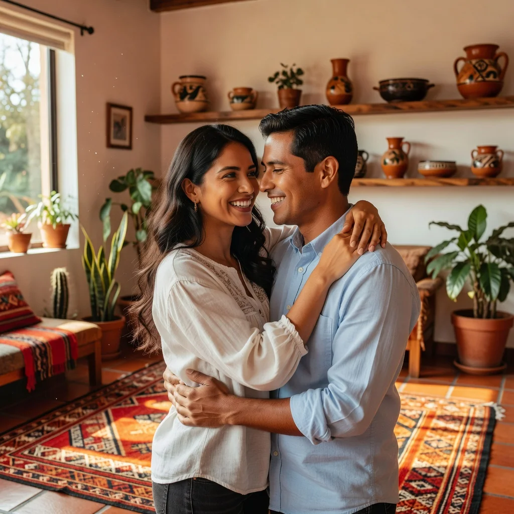 A photorealistic image of a happy adult couple in their mid-30s, embracing warmly in a modern Mexican home living room with warm lighting and subtle cultural elements like colorful textiles in the background, symbolizing commitment and shared life without focusing on legal documents. No children are present in the image.