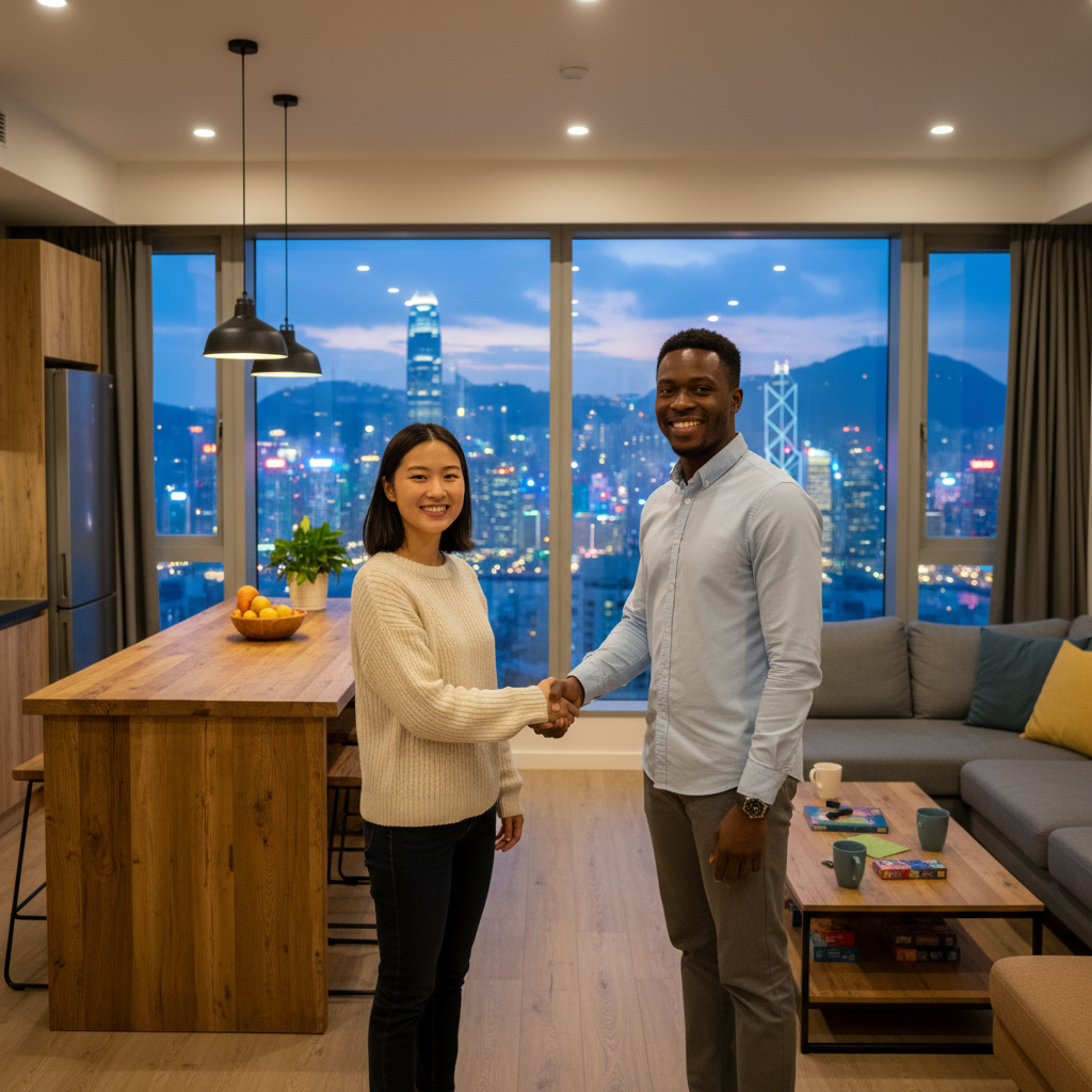 A photorealistic image of two young adults shaking hands in a modern shared apartment in Hong Kong, symbolizing agreement and trust in cohabitation, with city skyline visible through the window, no children present.