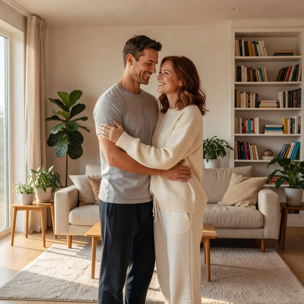 A photorealistic image of a happy adult couple in their mid-30s, embracing warmly in a cozy modern living room with natural light streaming through large windows. They are dressed in casual home attire, symbolizing commitment and shared life in a cohabitation agreement, with subtle elements like intertwined hands and a comfortable sofa in the background. No children or legal documents are present.
