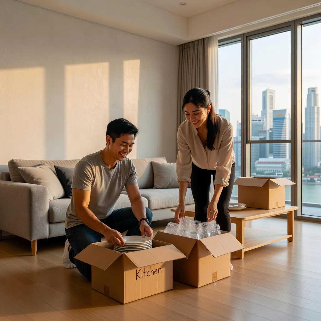 A photorealistic image of a young adult couple happily moving into a modern Singapore apartment, unpacking boxes in a bright living room with city skyline view through the window, symbolizing the start of a new tenancy without focusing on legal documents.