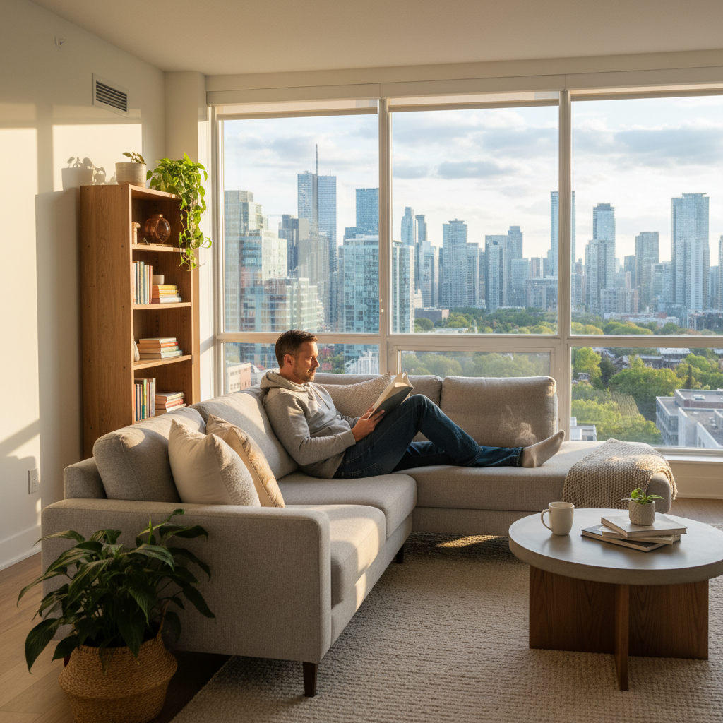 A photorealistic image of a modern Canadian apartment interior, showing an adult tenant relaxing in a cozy living room with natural light streaming through large windows, symbolizing comfortable residential living under a tenancy agreement.