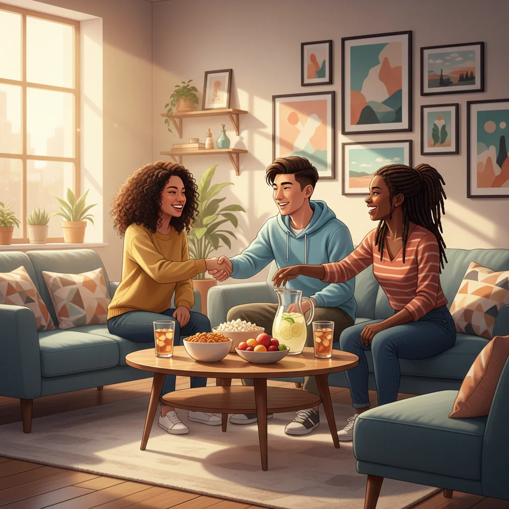 A friendly group of diverse young adults in a cozy modern apartment, shaking hands and smiling while sitting around a living room table with coffee mugs, symbolizing harmony and agreement in shared living.