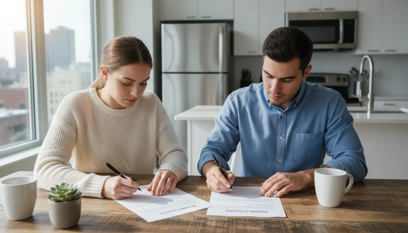 Two adults signing roommate agreement