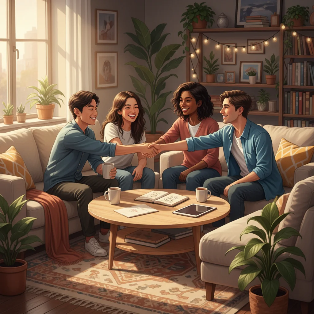 A friendly group of diverse young adults sitting around a cozy living room table, discussing and shaking hands over shared living arrangements, symbolizing harmony and agreement among roommates in a US apartment setting.