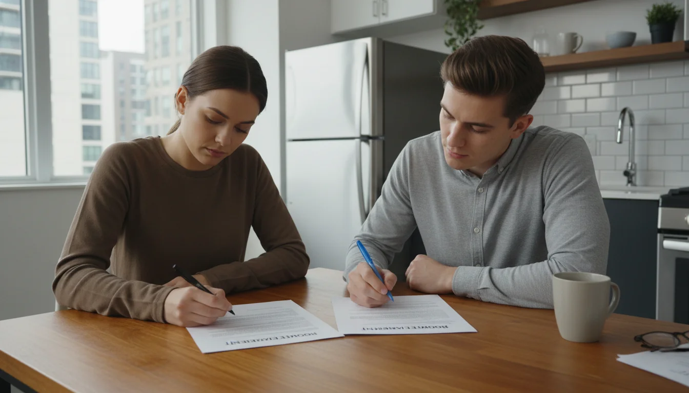 Two adults signing roommate agreement.