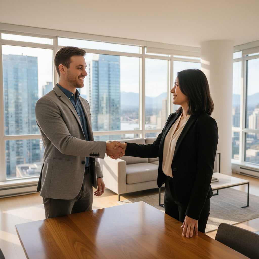 A photorealistic image of two young adults, a man and a woman, smiling and shaking hands in a modern, well-lit apartment living room with large windows showing a city view, symbolizing the agreement of a residential tenancy in Canada. The focus is on their positive interaction and the welcoming home environment, evoking trust and new beginnings in renting.