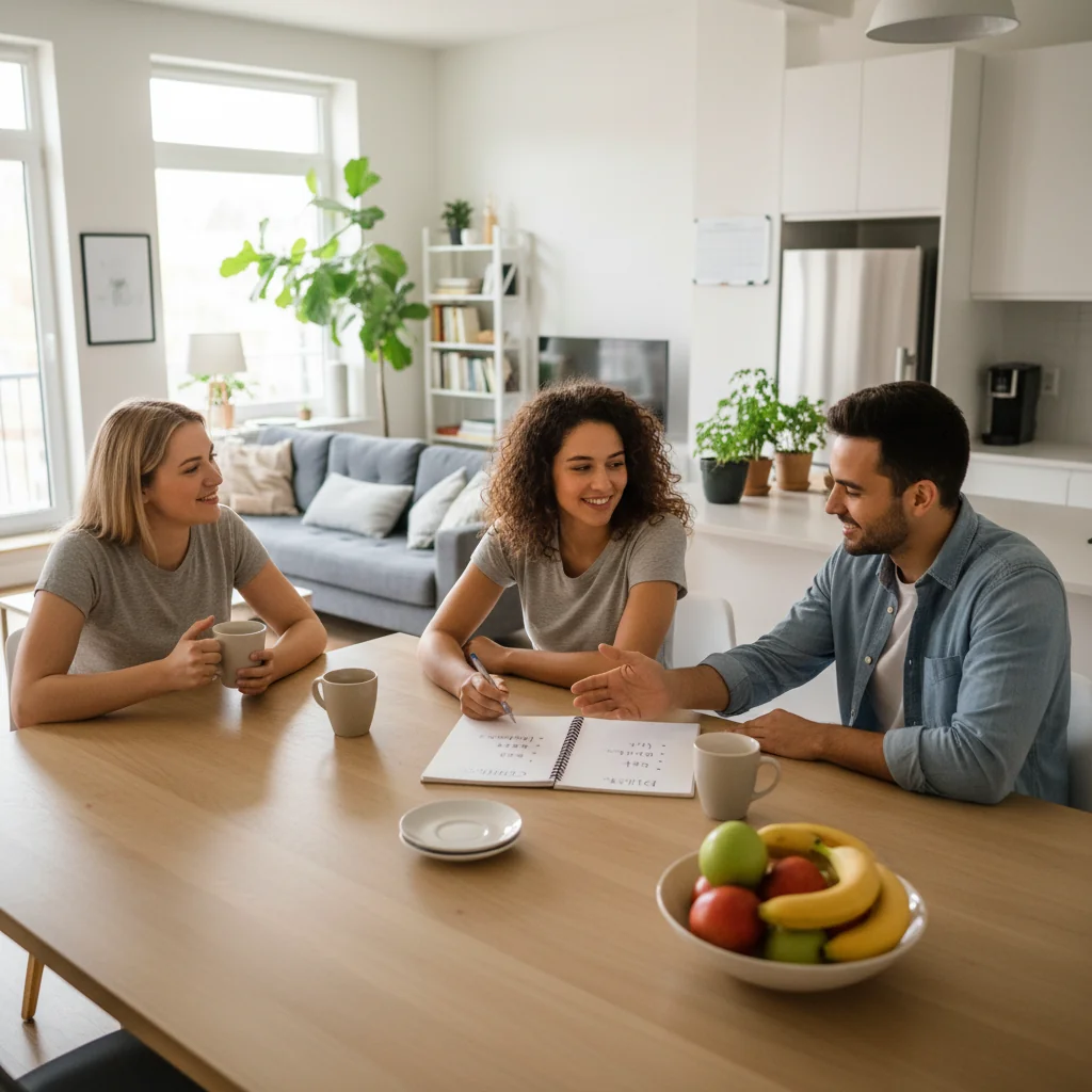 A photorealistic scene depicting young adults in a shared apartment having a friendly discussion about household chores and rules, conveying a sense of resolving common roommate disagreements through agreement, with warm lighting and modern living space elements like a kitchen table and roommates gesturing positively.