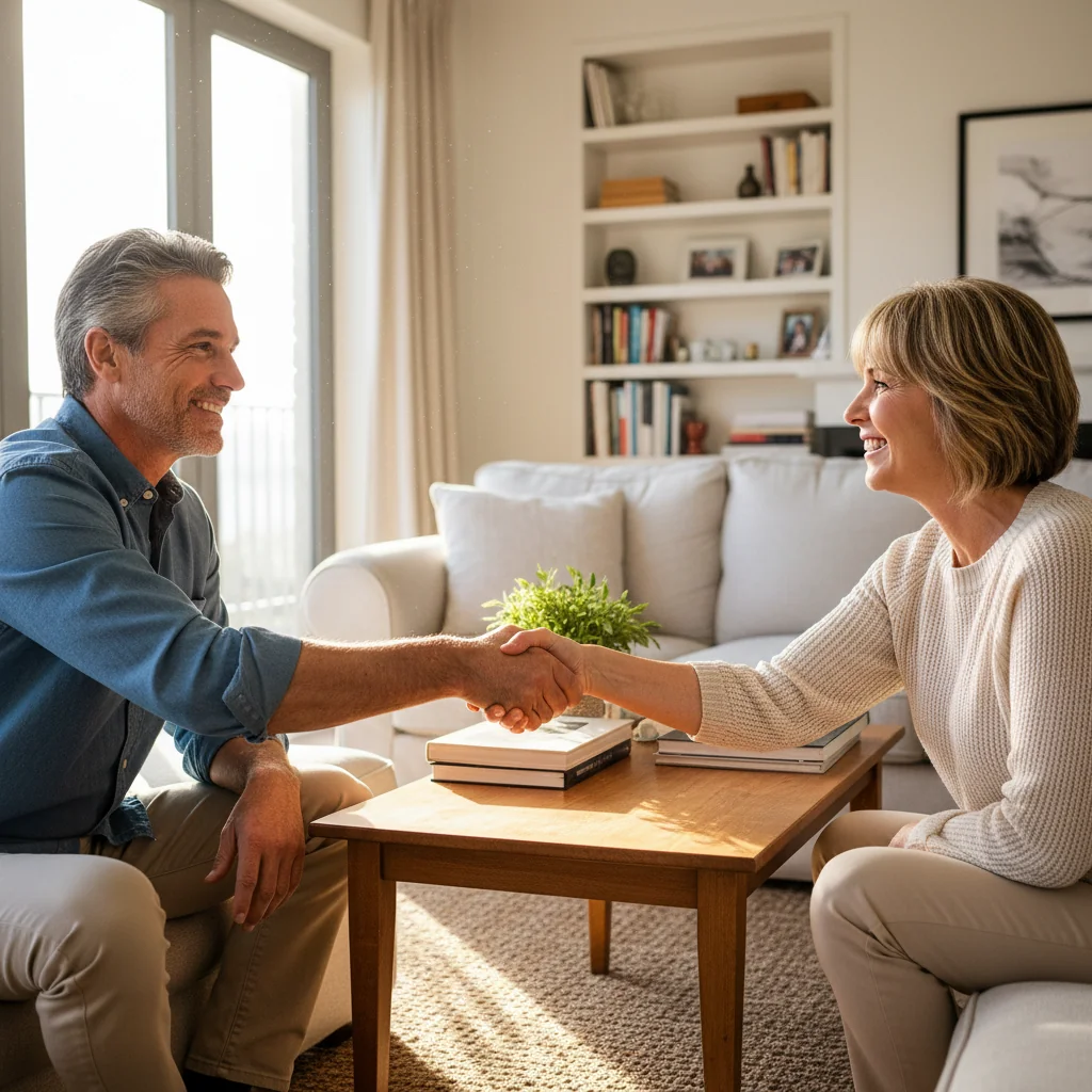 A photorealistic image of two adults shaking hands in agreement, symbolizing the commitment and partnership in a co-ownership or cohabitation contract, with a warm, trusting atmosphere in a modern living space, no children present.