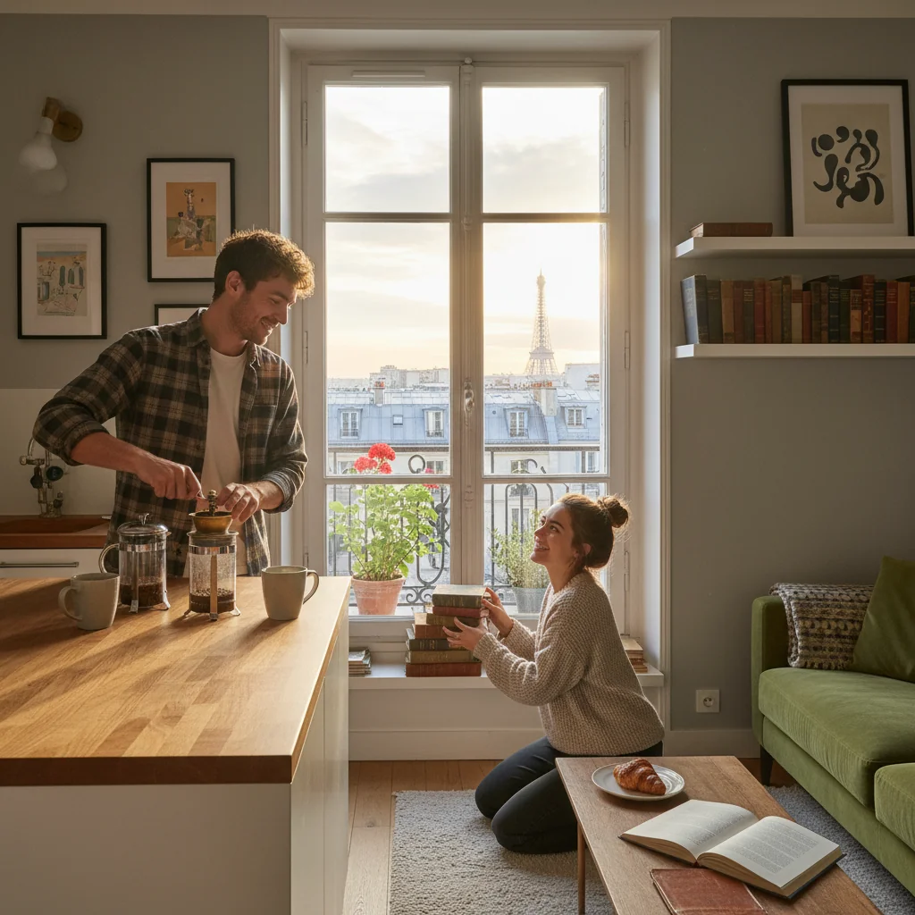 A photorealistic image of young adults in their 20s happily sharing a modern apartment in France, engaged in everyday activities like cooking together in the kitchen or relaxing on the couch, symbolizing the benefits and shared living of colocation without focusing on legal documents.