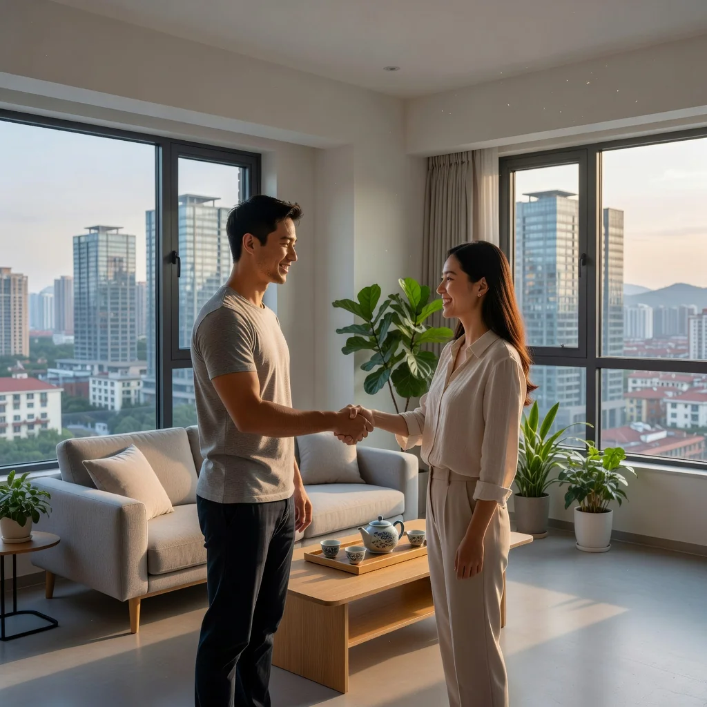 A photorealistic image of two young adults, a man and a woman, smiling and shaking hands in a modern shared apartment living room, symbolizing a harmonious cohabitation agreement in China. The room features contemporary Chinese decor with subtle cultural elements like a tea set on a wooden table, large windows showing a cityscape, warm lighting, and comfortable furniture. No children or legal documents are visible.