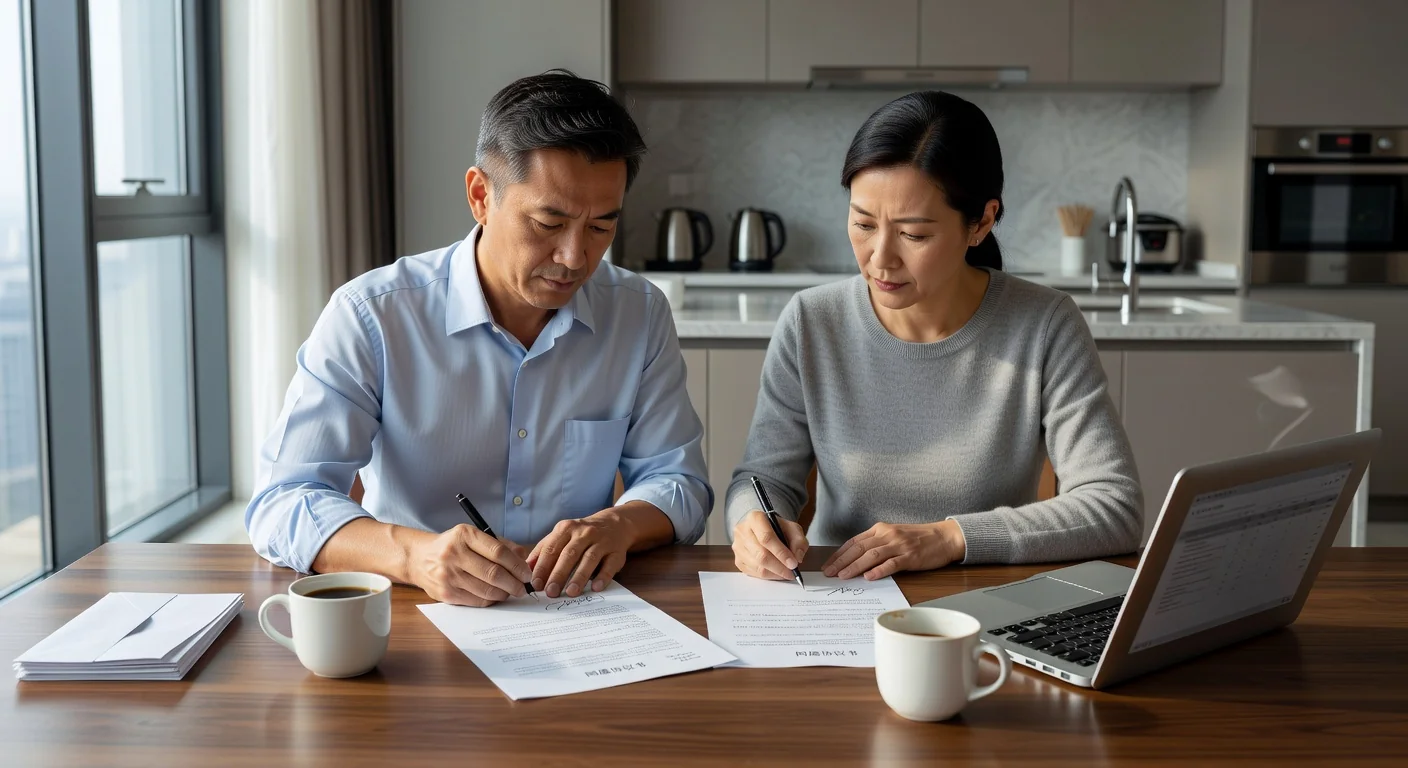 Two adults signing cohabitation agreement