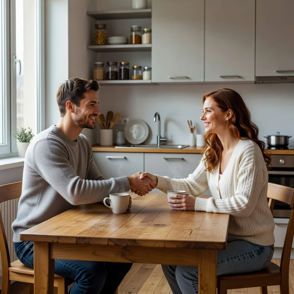 A photorealistic image depicting two young adults in a modern shared apartment, sitting at a kitchen table, discussing and shaking hands over a casual agreement, symbolizing a housing cohabitation arrangement, with warm lighting and everyday household items in the background, no children present.