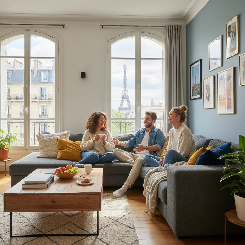 A photorealistic image depicting a group of young adults in their 20s and 30s enjoying a shared living space in a modern French apartment. They are laughing and interacting in the living room, with elements like a couch, coffee table, and city view from the window, symbolizing harmonious colocation life in France. No children are present.