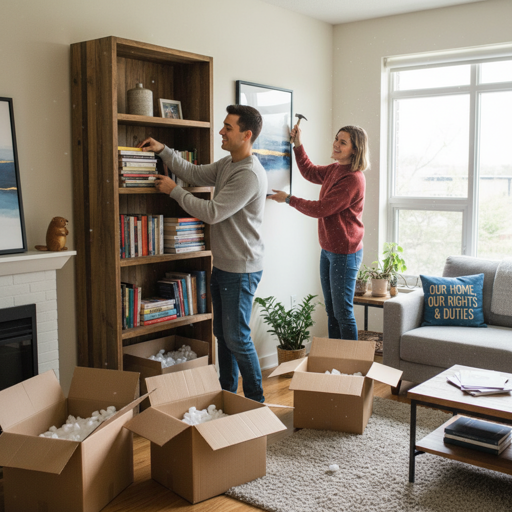 A photorealistic image of a young adult couple happily unpacking boxes and arranging furniture in a modern Canadian apartment living room, symbolizing the start of a new tenancy with a sense of security and responsibility. The scene includes natural light from a window showing a cityscape view, with subtle Canadian elements like a maple leaf on a coffee mug.