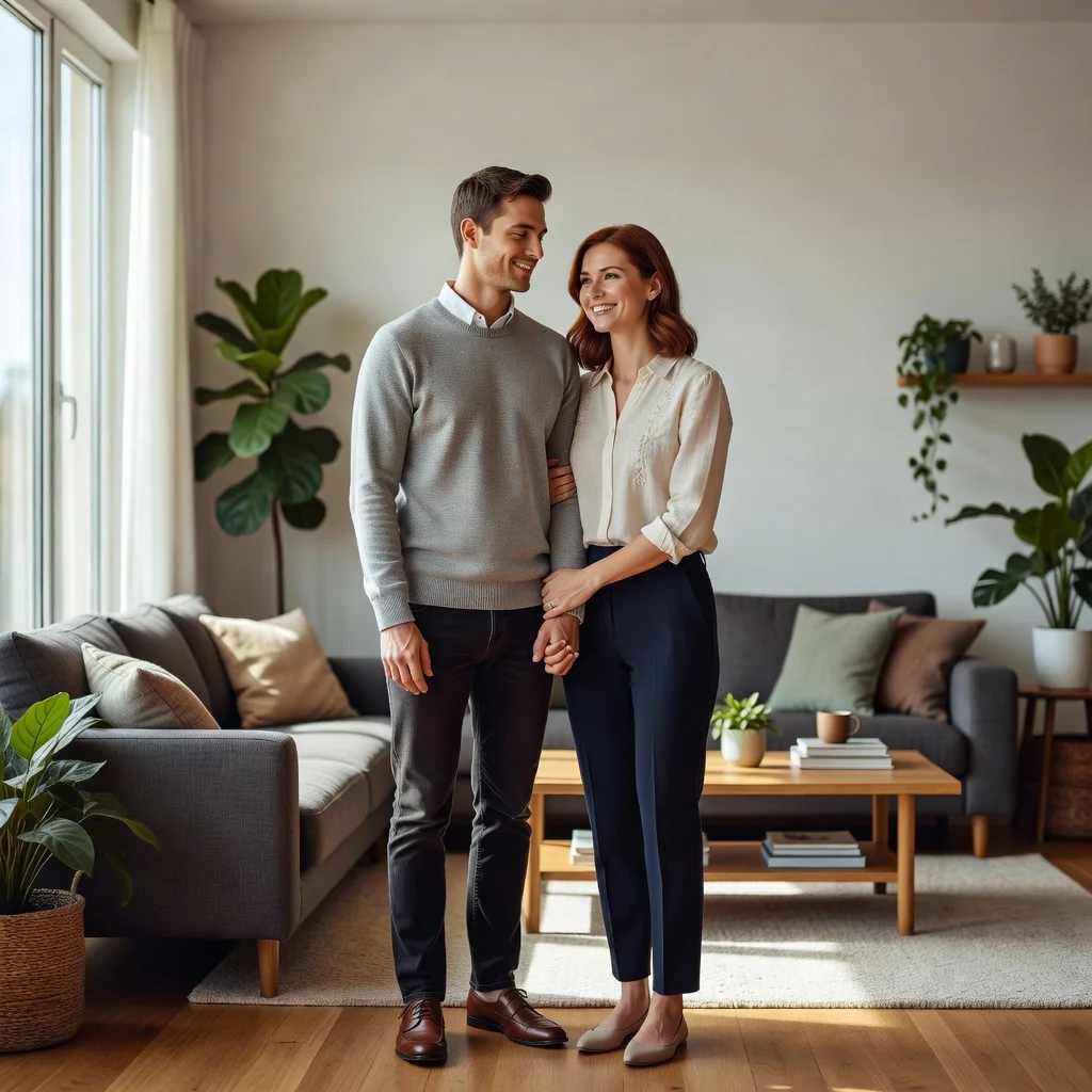 A photorealistic image depicting a happy, adult couple in their 30s embracing warmly in a cozy modern living room, symbolizing commitment and shared life in a non-marital partnership. The scene conveys trust, equality, and domestic harmony without any legal documents visible. No children are present.