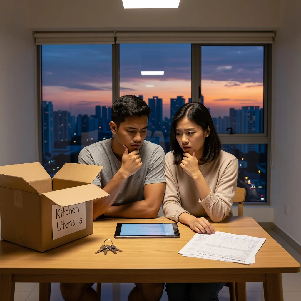 A photorealistic image of a young adult couple in a modern Singapore apartment, looking concerned while reviewing a tenancy agreement on a tablet, with city skyline visible through the window, emphasizing common pitfalls in renting without showing the document details.