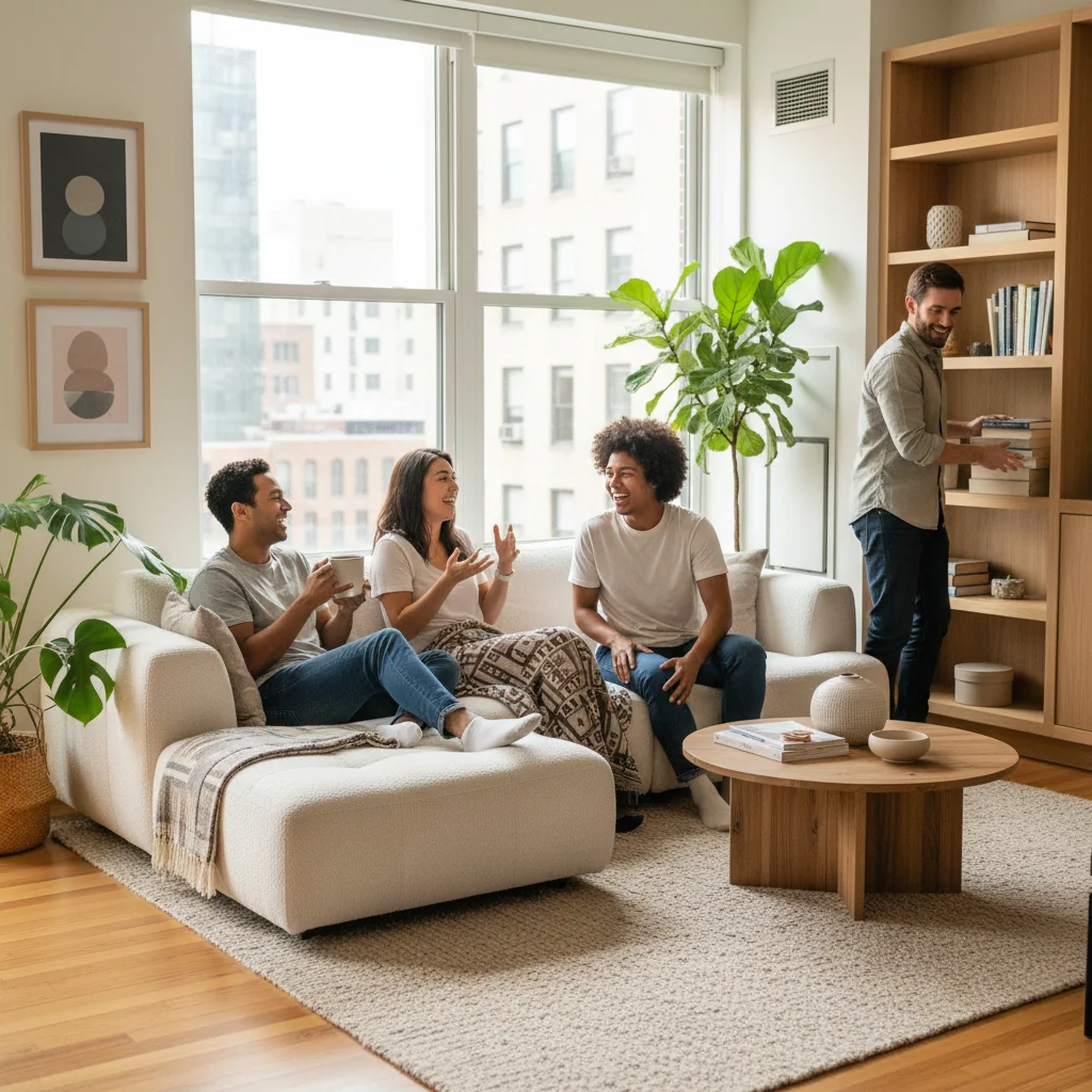 A photorealistic image depicting a group of young adults in their 20s and 30s happily sharing a modern, cozy apartment living room, symbolizing the spirit of harmonious roommate living and colocation. They are engaging in casual activities like chatting over coffee, reading books on a couch, or organizing shared spaces, with warm lighting and contemporary furniture, emphasizing friendship and shared living without any focus on legal documents. No children are present in the scene.