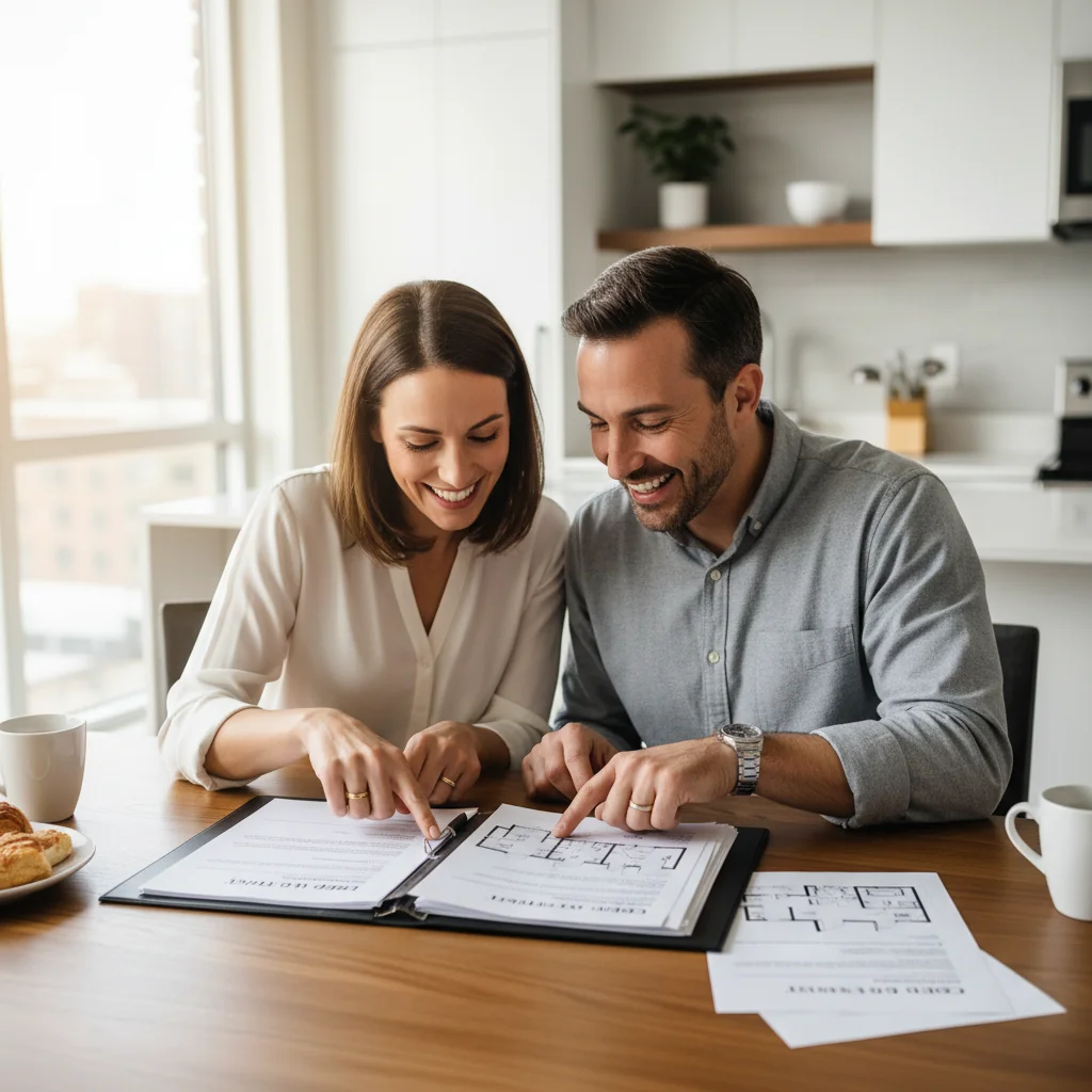 A photorealistic image depicting two adults in a committed relationship, sitting together at a wooden table in a cozy home setting, reviewing and discussing a shared property agreement. They appear happy and collaborative, symbolizing partnership and co-ownership. No children are present in the scene.