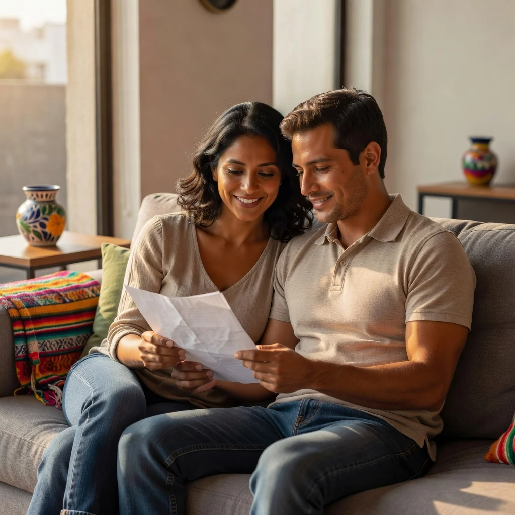A photorealistic image depicting a happy adult couple in a modern Mexican home, sitting together on a couch, reviewing a document that represents their shared agreement, symbolizing partnership and commitment in cohabitation without focusing on legal details. No children present.