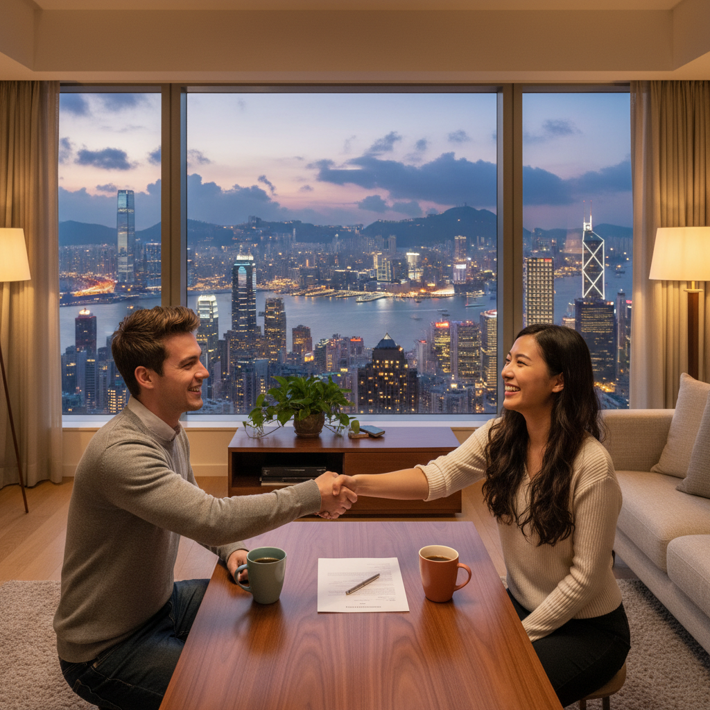 A photorealistic image depicting two young adults in a modern Hong Kong apartment, shaking hands amicably over a table with a view of the city skyline in the background, symbolizing the agreement and shared living harmony that a cohabitation agreement facilitates. No children are present in the scene.