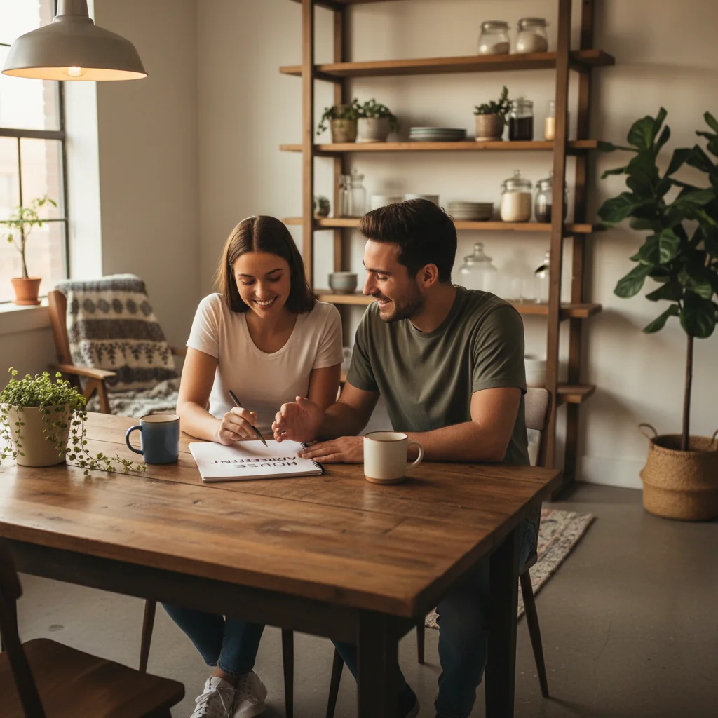 A photorealistic image of two young adults in their 20s sitting at a kitchen table in a modern shared apartment, engaged in a friendly discussion about their living arrangements. They are smiling and pointing at a notepad, symbolizing the creation of a shared living agreement, with elements like coffee mugs and apartment decor in the background. No children are present in the image.