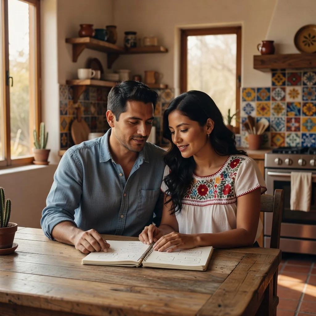 A photorealistic image of two consenting adult partners in a loving relationship, sitting together at a wooden kitchen table in a cozy modern Mexican home, discussing and planning their shared life, with warm natural light filtering through windows, symbolizing harmony and commitment in cohabitation, no children or legal documents visible.
