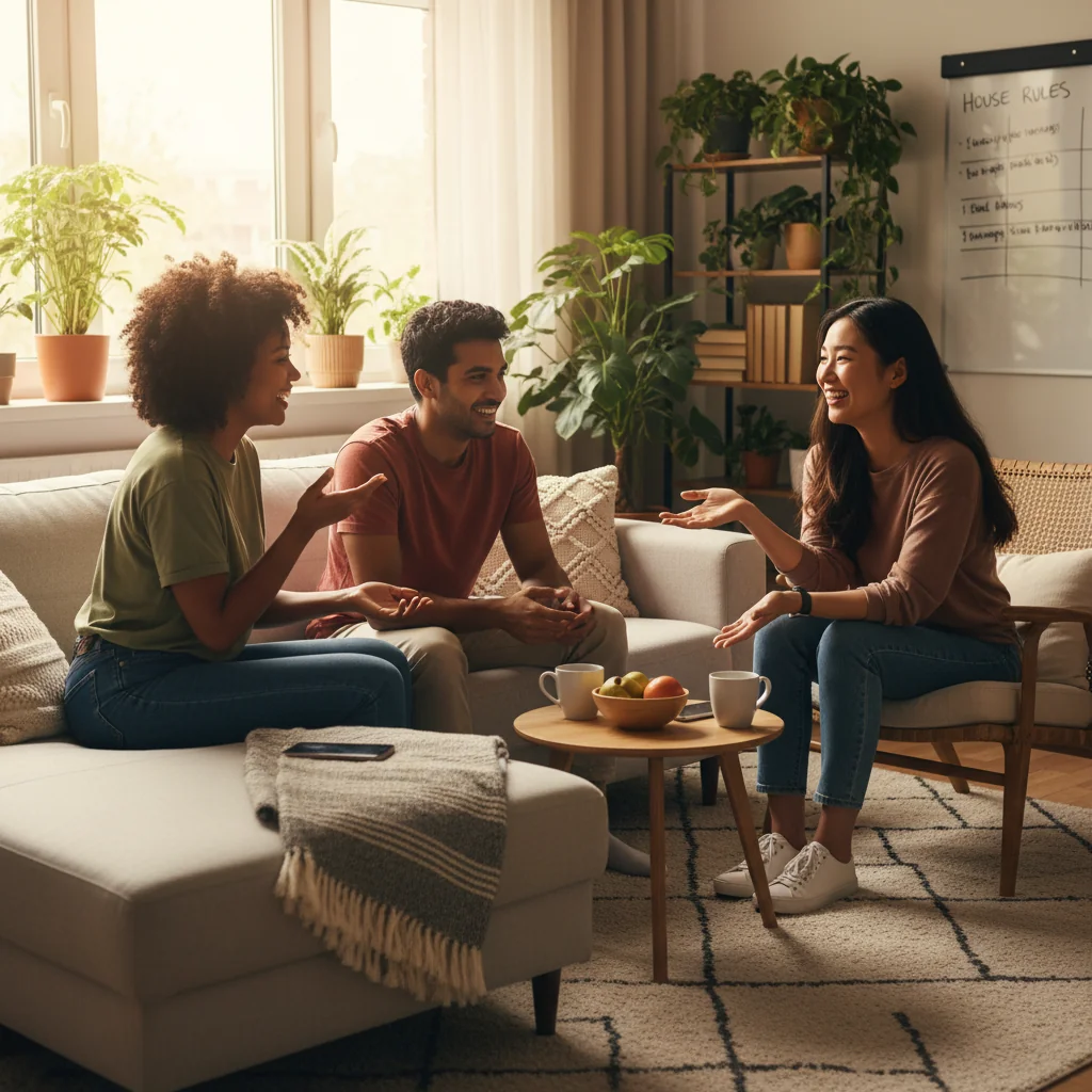 A diverse group of young adults in a cozy shared apartment, sitting around a kitchen table, engaged in a friendly discussion about household responsibilities, with elements like a chore chart or calendar on the wall, symbolizing cooperation and agreement in roommate living without showing any legal documents.
