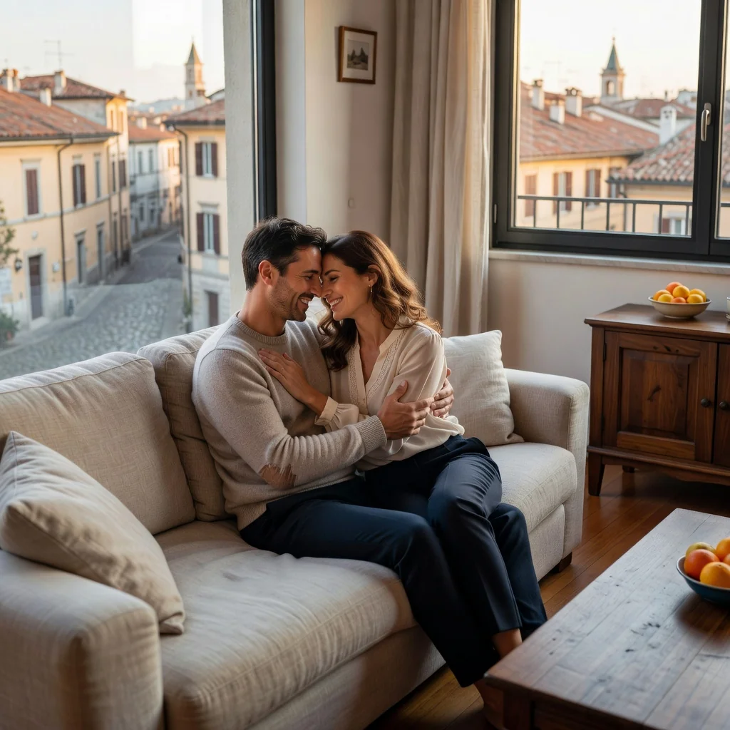 A photorealistic image depicting a happy adult couple in a cozy Italian living room, sitting together on a sofa, holding hands and looking at each other affectionately, symbolizing partnership and shared life in a cohabitation agreement. The scene includes warm lighting, bookshelves, and plants in the background to evoke a sense of home and commitment in Italy. No children are present.
