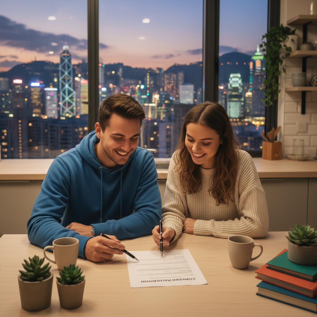 A photorealistic image depicting two young adult roommates in a modern Hong Kong apartment, happily discussing and signing a cohabitation agreement on a table, with city skyline visible through the window, emphasizing harmony and shared living without any children present.