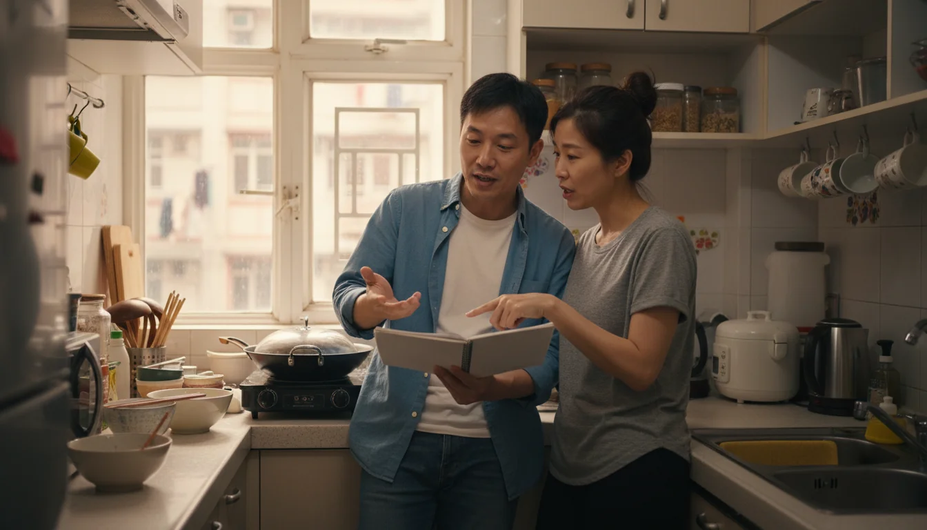 Couple discussing tenancy rules in kitchen
