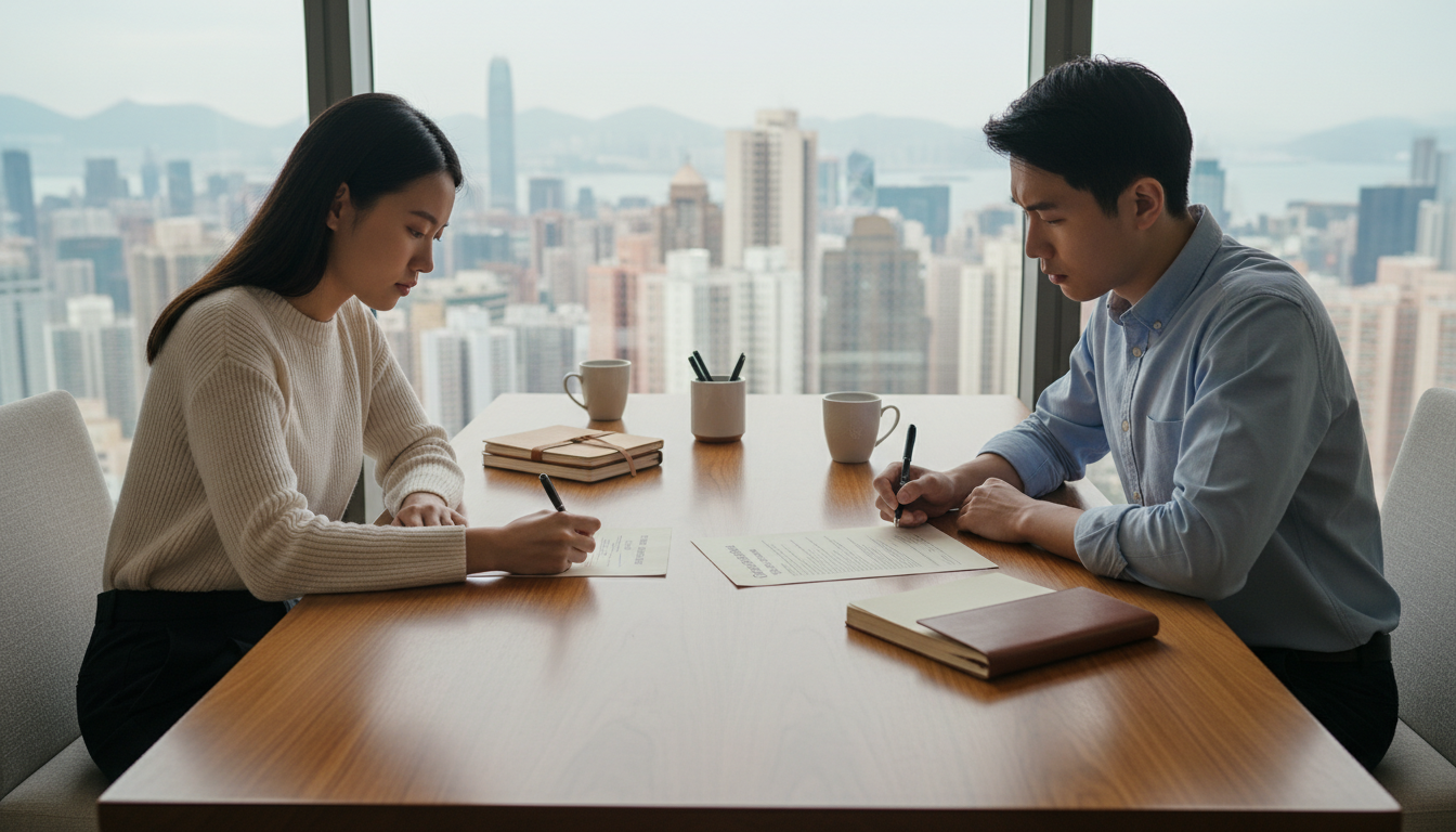 Two adults signing cohabitation agreement
