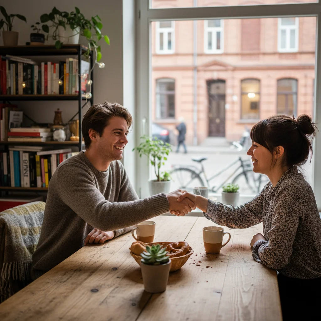 A photorealistic image of two young adults sitting together at a wooden kitchen table in a cozy shared apartment in Germany, smiling and shaking hands over a cup of coffee, symbolizing the agreement and camaraderie of a shared living arrangement, with subtle German elements like a window view of a cityscape, no children present.