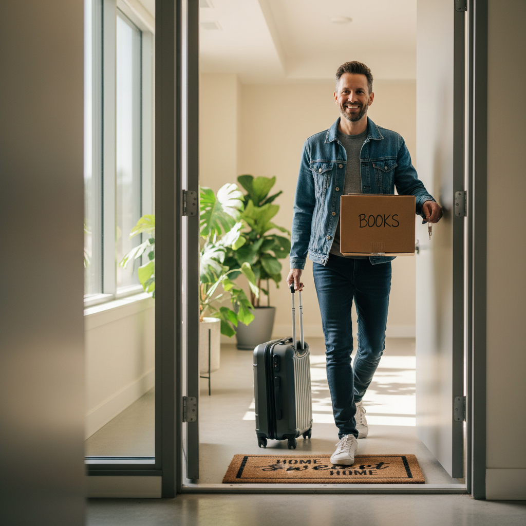 A photorealistic image of a happy adult tenant moving into a modern Canadian apartment, carrying a box of belongings through the doorway, with a welcome mat and potted plants visible, symbolizing the start of a new residential tenancy.