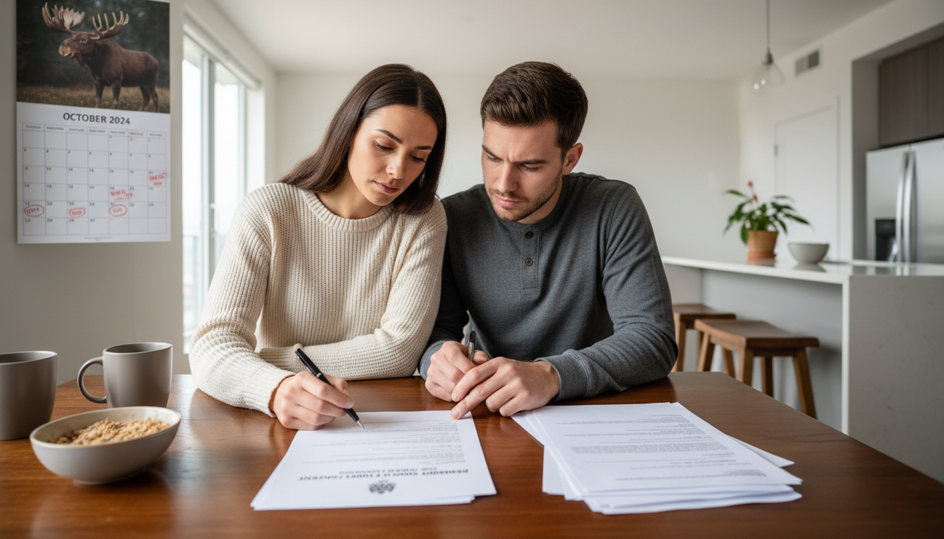 Canadian couple signing tenancy agreement.