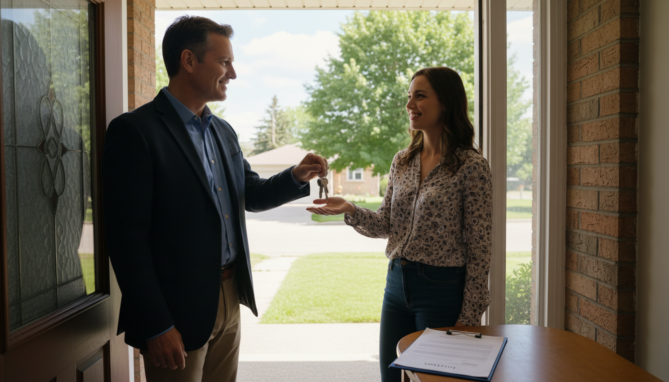 Landlord handing keys to tenant.