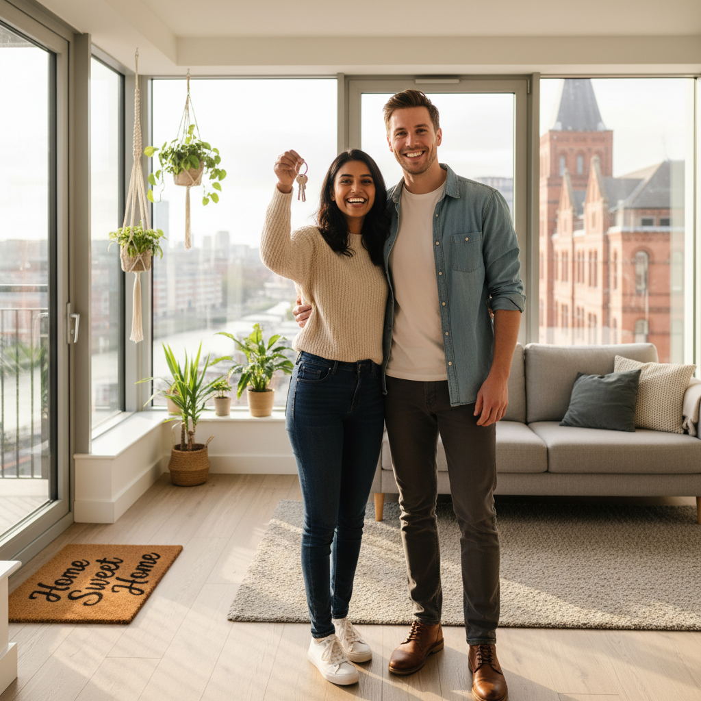 A photorealistic image of a young adult couple in their mid-20s, standing together in a modern, well-lit UK apartment, smiling happily as they hold keys to their new home, symbolizing the excitement of starting a tenancy agreement, with subtle background elements like a welcome mat and potted plants, no children present.