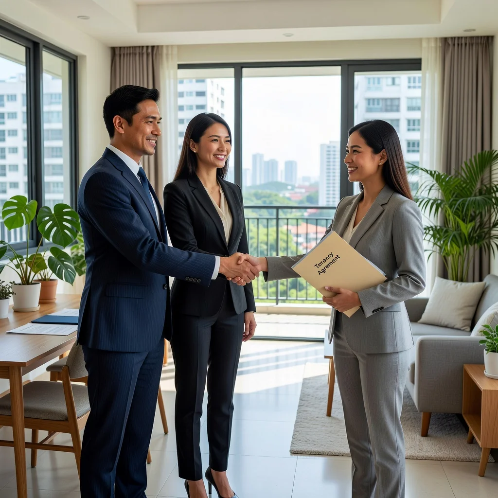 A photorealistic image depicting a professional adult couple in a modern Singaporean apartment, shaking hands with a real estate agent over a table, symbolizing the agreement and trust in a tenancy deal, with subtle city skyline view from the window, no children present.