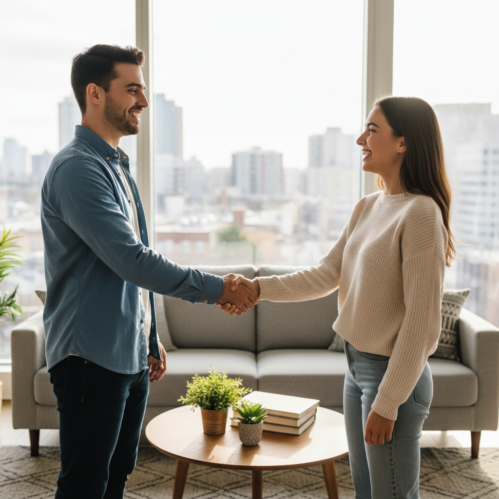A photorealistic image of two young adults, a man and a woman, shaking hands while standing in a cozy modern apartment living room, symbolizing agreement and harmony in shared living space. The room features comfortable furniture, plants, and natural light, conveying a positive roommate relationship.