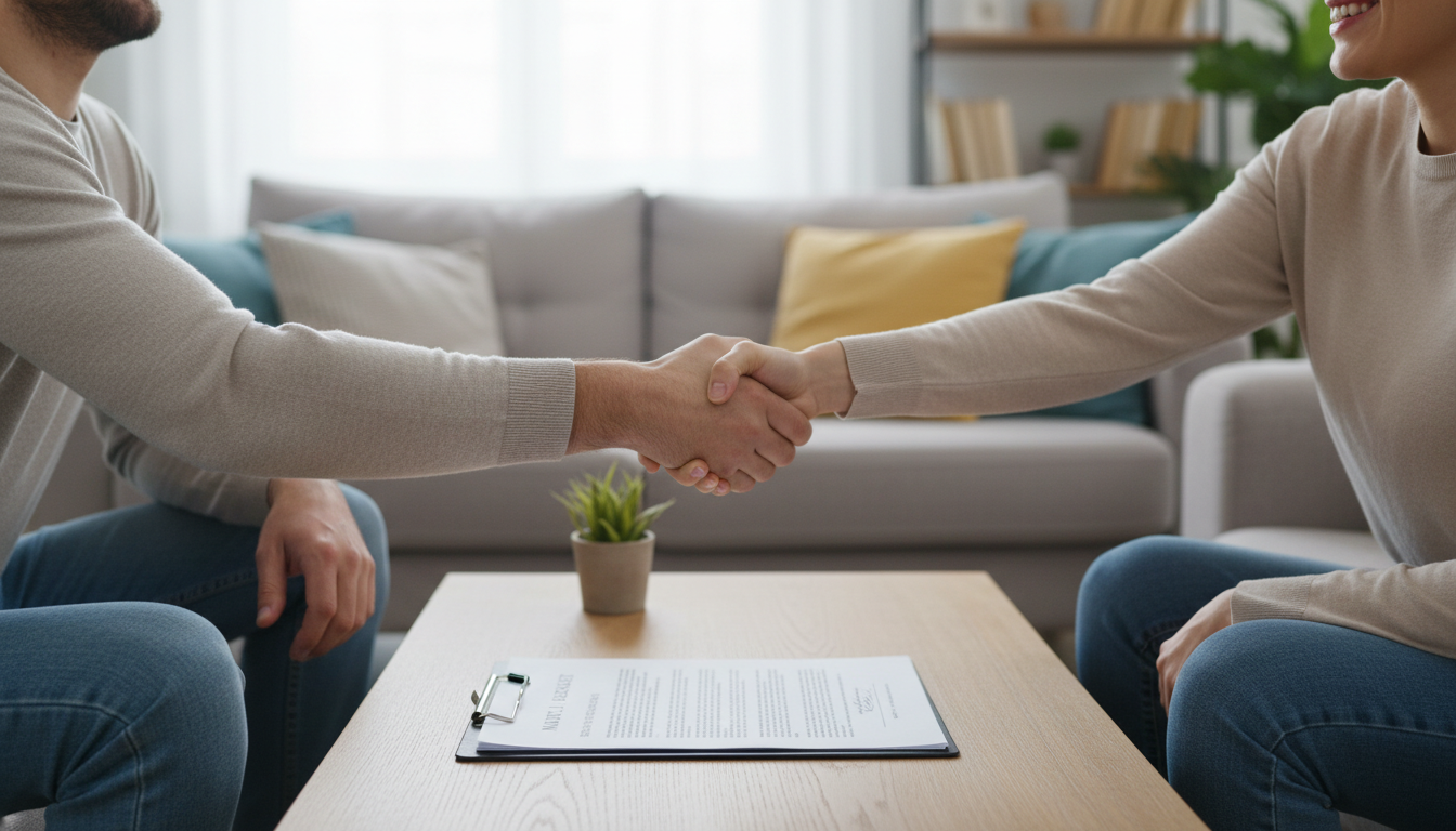 Roommates shaking hands over contract