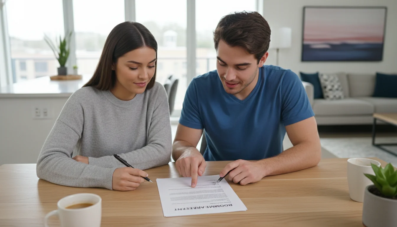 Two adults signing roommate agreement