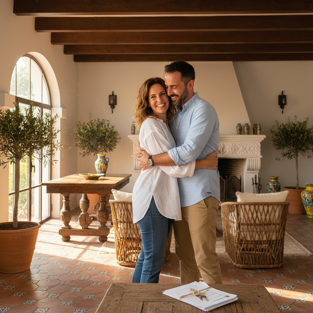 A photorealistic image of a happy adult couple in their mid-30s, standing together in a modern Spanish apartment, holding hands and smiling at each other, symbolizing partnership and shared living without any children present.