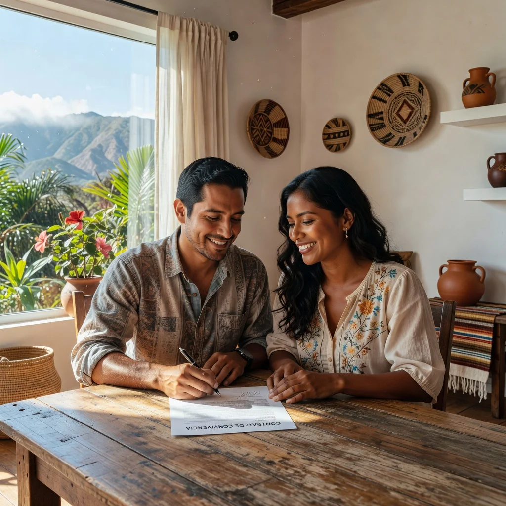 A photorealistic image depicting two consenting adults, a man and a woman in their 30s, joyfully signing a cohabitation agreement at a wooden table in a cozy modern Mexican home. They are smiling at each other, with warm sunlight streaming through large windows overlooking a vibrant garden with cacti and colorful flowers, symbolizing commitment and shared life in Mexico. No children or minors are present in the scene.