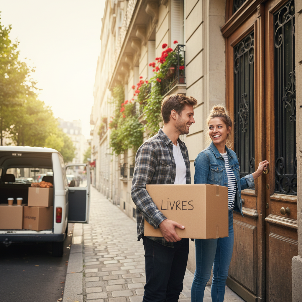 A photorealistic image depicting two young adults in their 20s or 30s happily moving into a shared apartment in France, one carrying a box of belongings while the other holds a key to the door, set against a charming Parisian building facade with no children present.