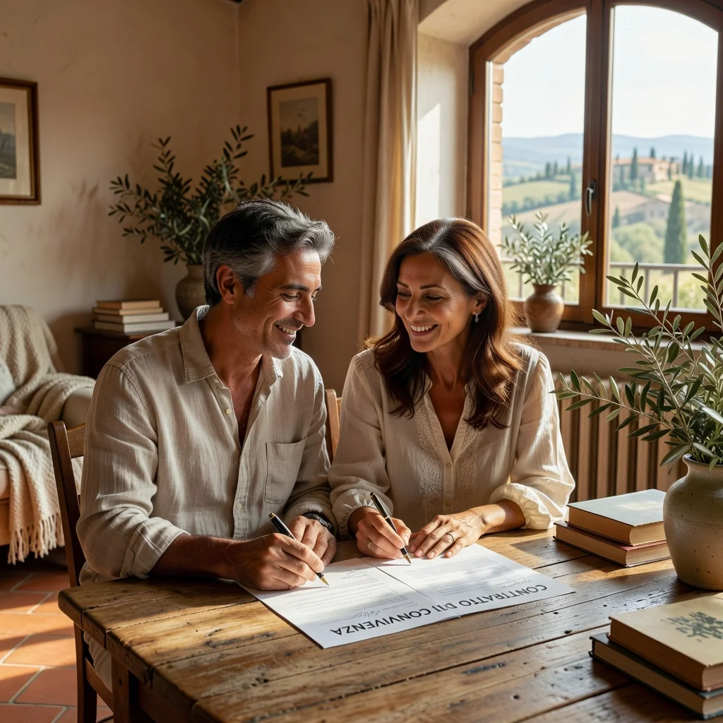 A photorealistic image of a happy adult couple in their cozy Italian apartment, signing a cohabitation agreement together at a wooden table with Italian flags and architecture in the background, symbolizing their committed partnership and shared life in Italy, no children present.