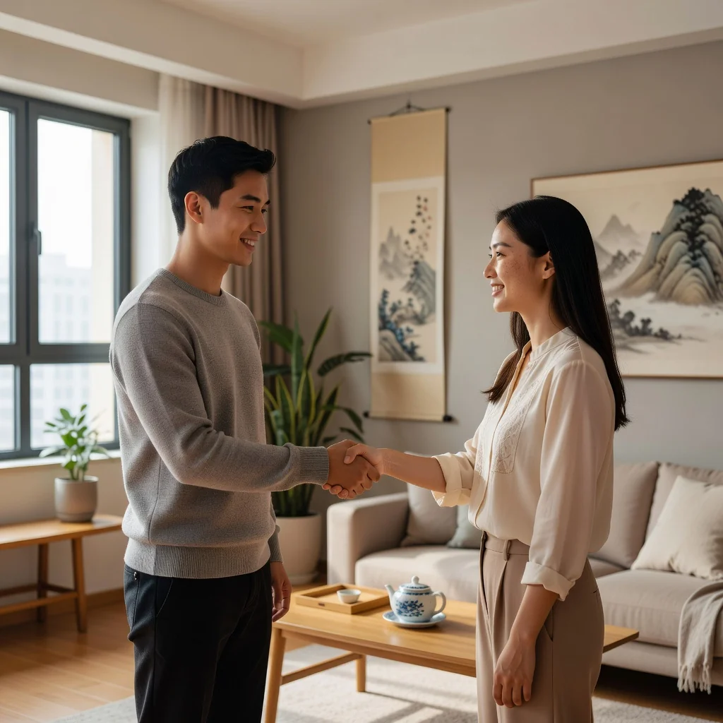 A photorealistic image depicting two adults shaking hands in agreement over a shared living space in a modern Chinese apartment, symbolizing a cohabitation agreement, with warm lighting and contemporary decor, no children present.