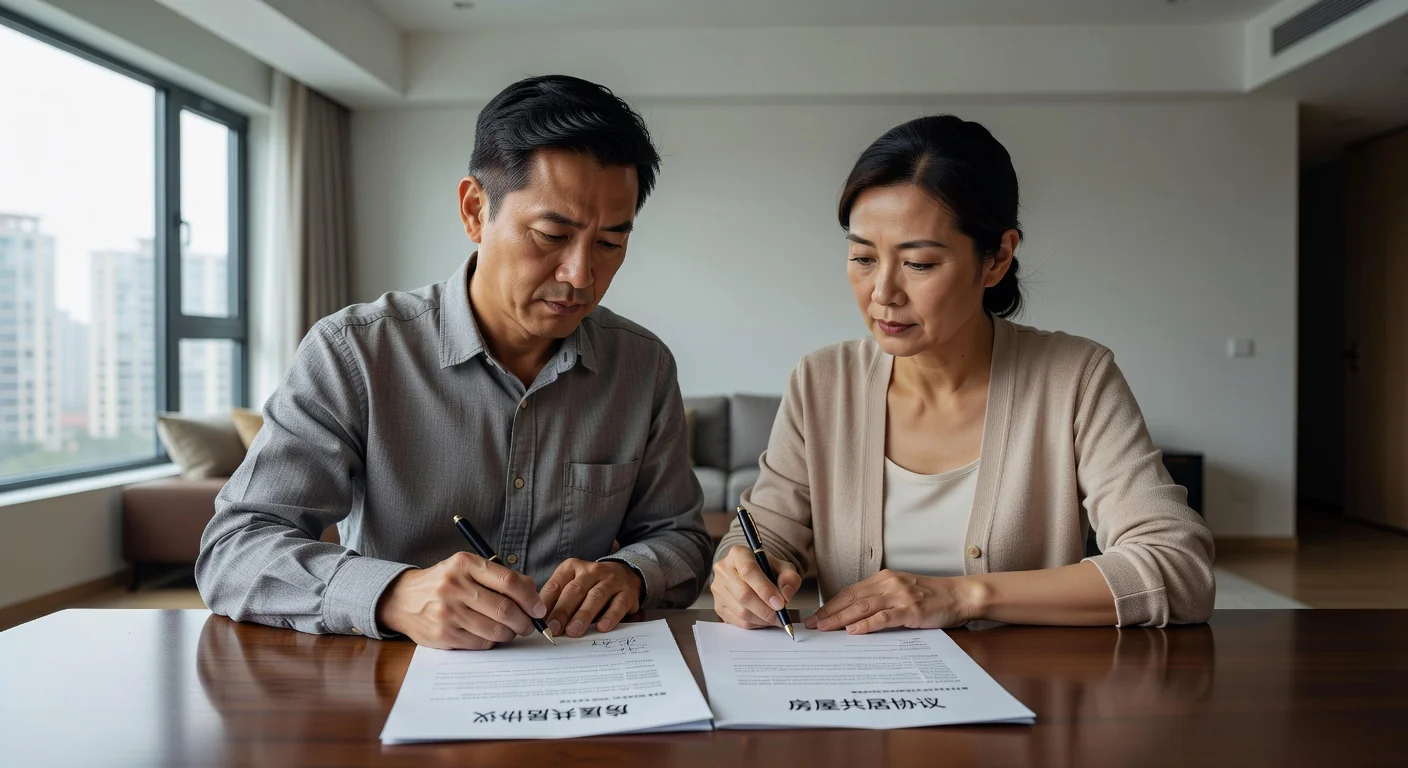 Two adults signing cohabitation agreement