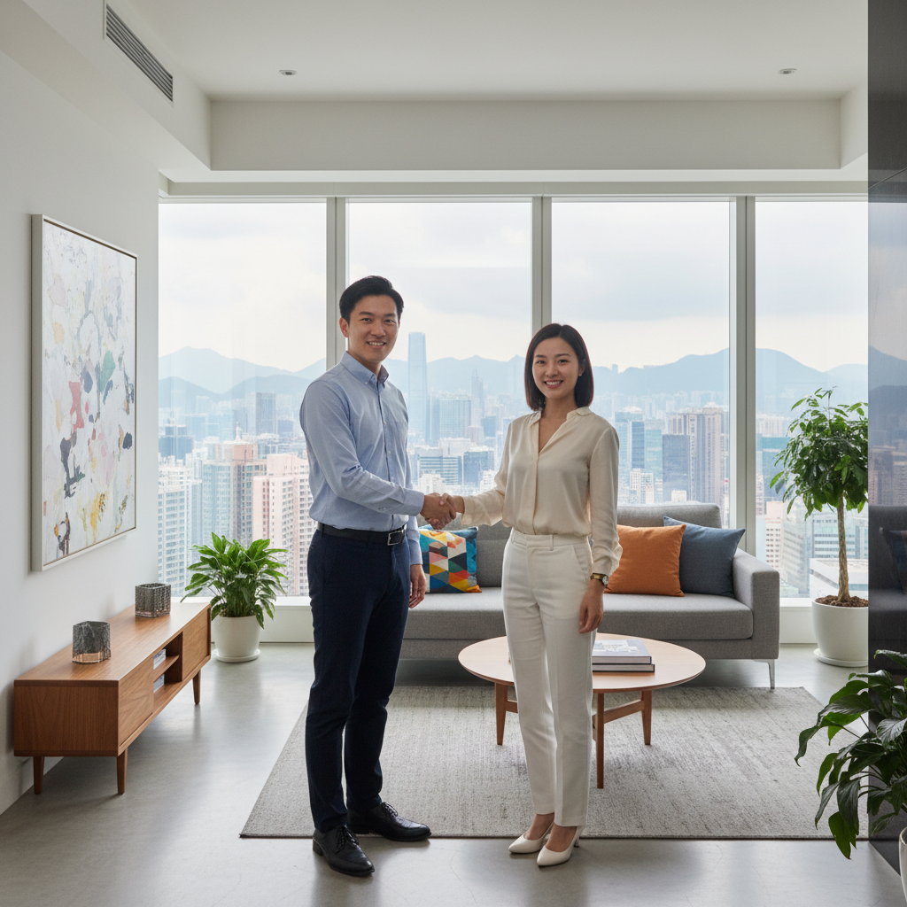 A photorealistic image of two young adults, a man and a woman, shaking hands in a modern Hong Kong apartment, symbolizing a cohabitation agreement. The background shows a cozy living room with city skyline view, no legal documents visible, no children present.