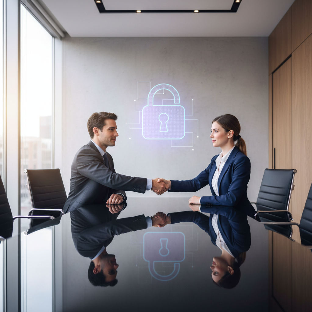 A photorealistic image symbolizing confidentiality in a professional legal context, featuring two adults in a modern office shaking hands over a conference table with subtle locked icons in the background, conveying trust and non-disclosure agreement without showing any documents or children.