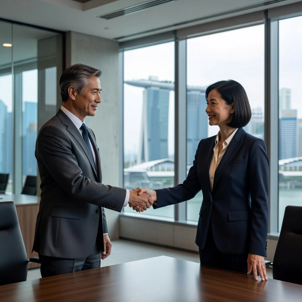 A photorealistic image of two professional adults in a modern Singapore office, shaking hands across a desk to symbolize trust and confidentiality in business agreements, with a blurred city skyline of Singapore in the background, conveying the purpose of protecting sensitive information without showing any legal documents.