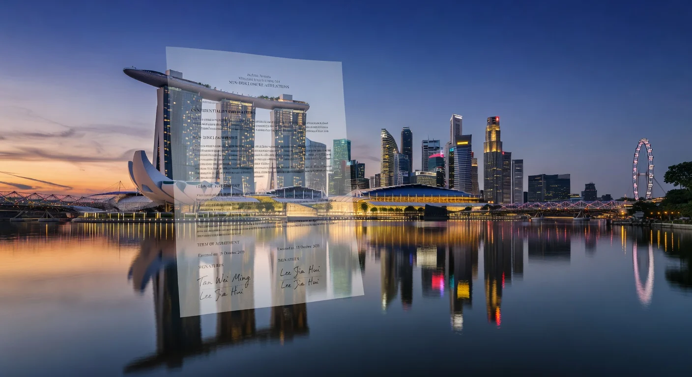 Singapore skyline with NDA document overlay